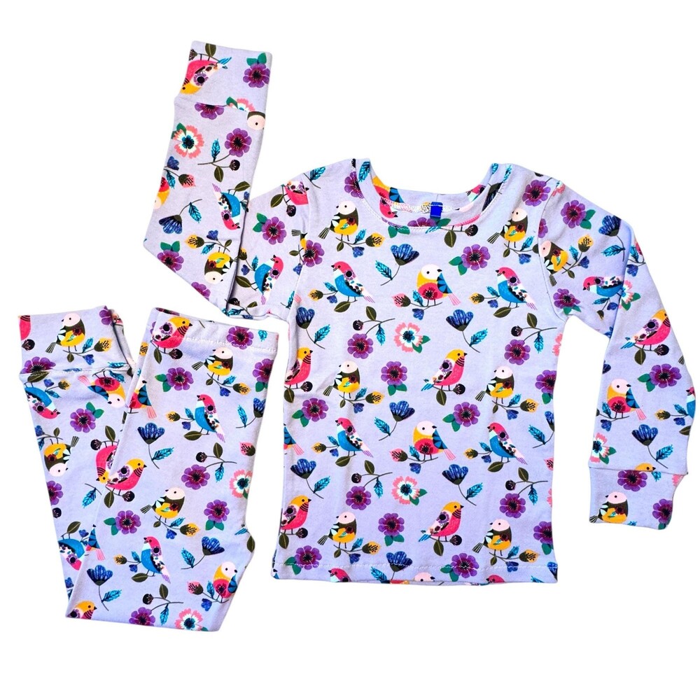 Toddler Girls Stretch Knit Pajama Set Lavender Bird Print Handmade 4T New